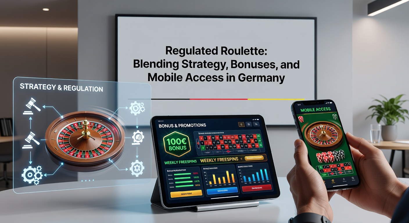 Smartphone mit Roulette-App auf einem regulierten deutschen Casino, umgeben von Strategie-Charts und Bonus-Icons